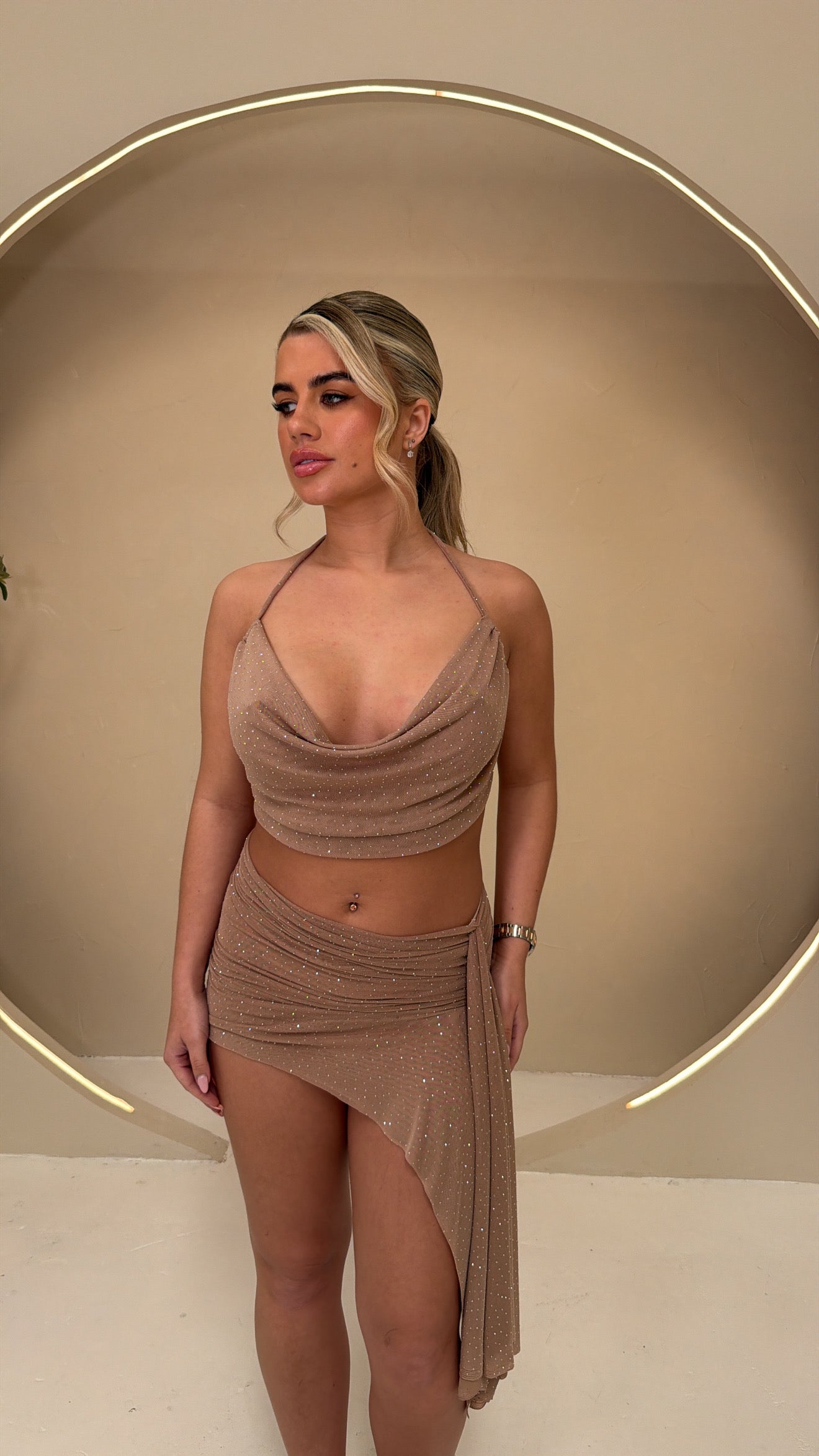 Mocha Diamanté Cowl Neck Mesh Set